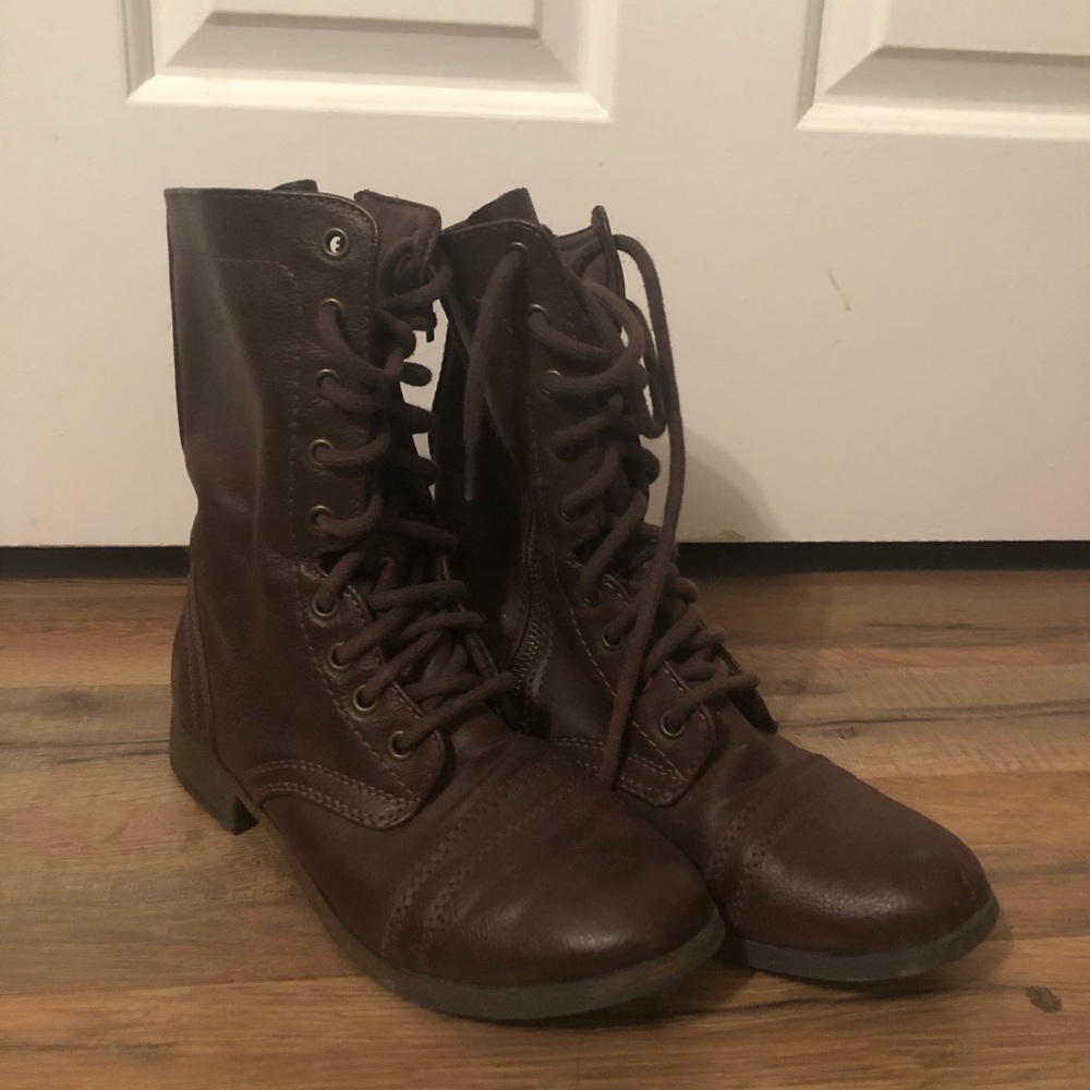 Brown leather combat boots